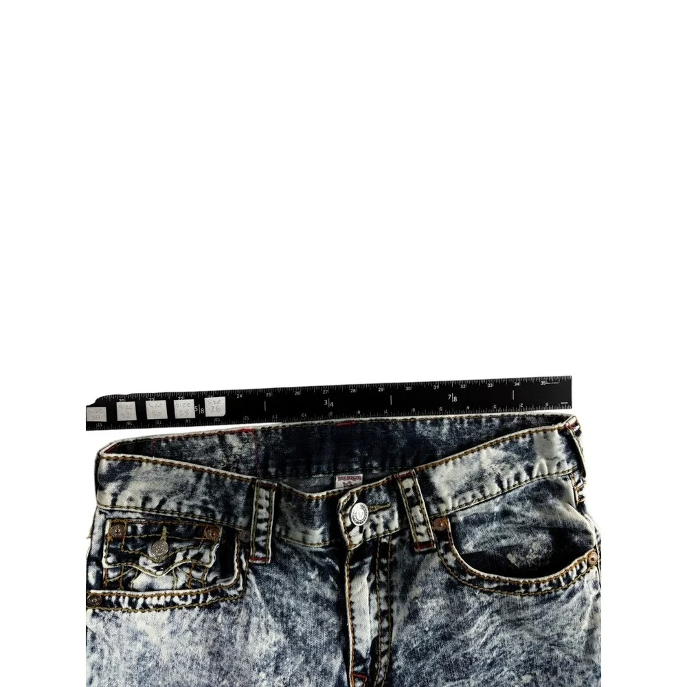 True Religion Jeans Men 33 Blue Acid Wash Straight Leg Embroidered Flap Pockets